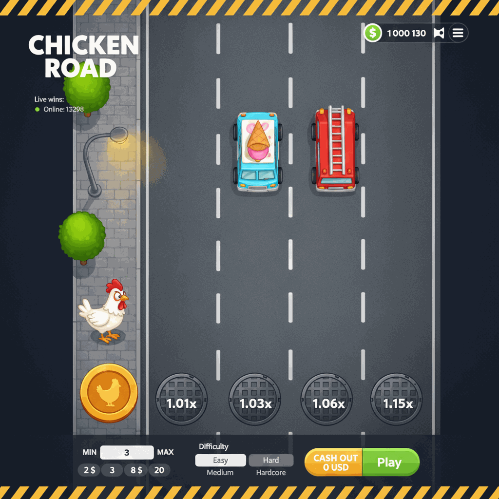 Chicken Road Crash-Spiel Gameplay: weißes Huhn überquert mehrspurige asphaltierte Straße mit weißen Fahrbahnmarkierungen, Multiplikatoren auf Kanaldeckeln sichtbar, städtische Umgebung mit Bäumen und Straßenlaterne am Straßenrand, Vogelperspektive